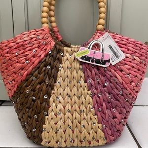 Embellished straw beach bag